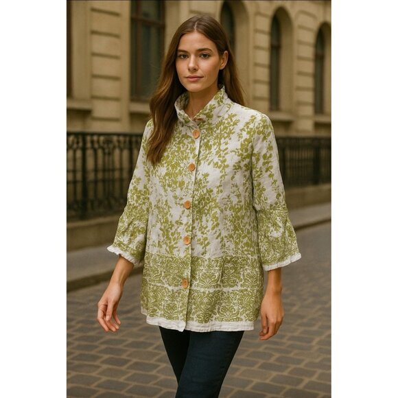 Terra SJ Apparel Green Floral Tunic Blouse Women’s S Cotton Rayon Button Front - Picture 2 of 15